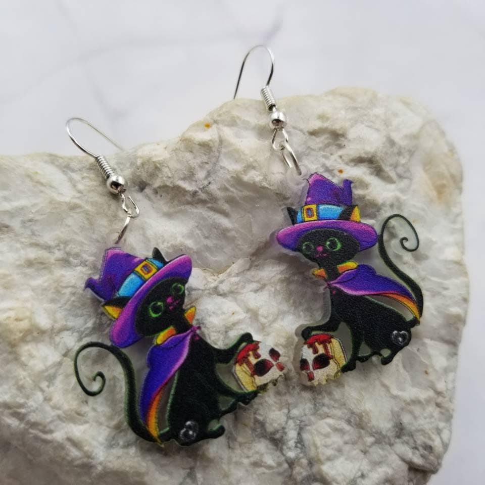 Halloween Black Cat and Skull Earrings