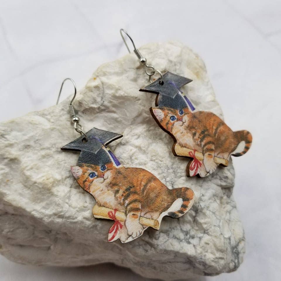 Graduation Cat Wooden Earrings