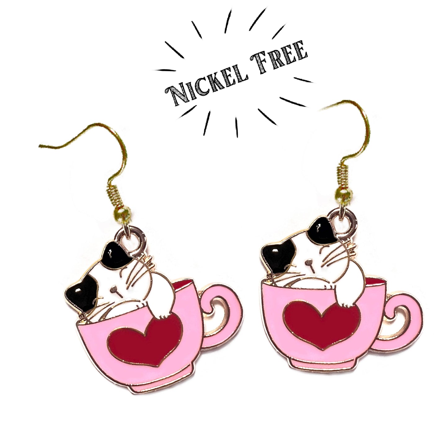 Adorable Black and White Cat in a Cup Earrings