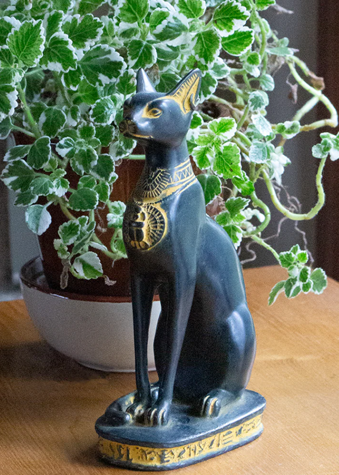 Bastet Cats Statues - Black with Antique Gold Accents Medium 8"