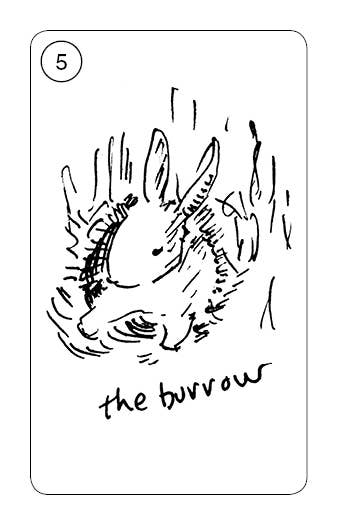 A black and white drawing shows a rabbit burrowed into the ground, with text underneath reading "Carrot Cards: Old-Time Rabbit Wisdom." A small circle containing the number "5" is located in the top left corner of the image. The product is from Red Feather.
