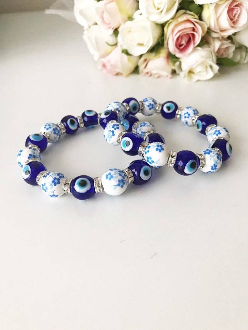 Glass Evil Eye Bracelet, Ceramic Bead Bracelet, Stretchable Bracelet