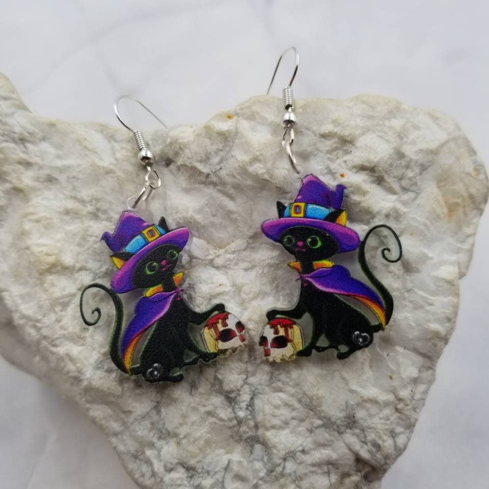 Halloween Black Cat and Skull Earrings