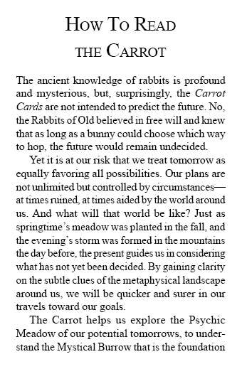 A text document titled "Carrot Cards: Old-Time Rabbit Wisdom" by Red Feather delves into the mystical knowledge of rabbits. It mentions the unpredictable nature of the future, the concept of a Psychic Meadow representing potential tomorrows, and how rabbit wisdom within a mystical burrow assists in understanding this path.