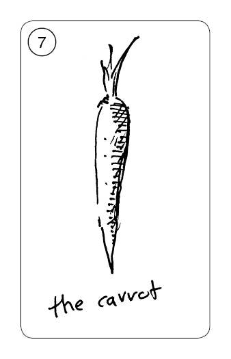 A playing card from the Red Feather Carrot Cards: Old-Time Rabbit Wisdom features a simple black and white illustration of a carrot. The number 7 is enclosed in a small circle at the top left corner, evoking rabbit wisdom. At the bottom of the card, handwritten text reads "the carrot.