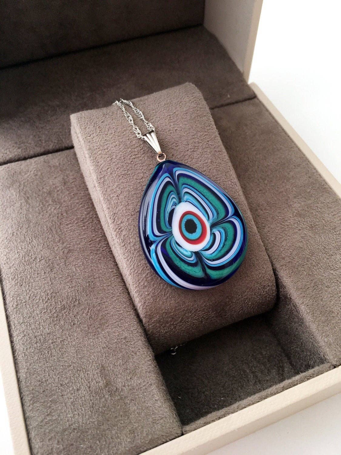 Murano Glass Evil Eye Necklace, Elegant Evil Eye Charm Necklace, Lamp Work