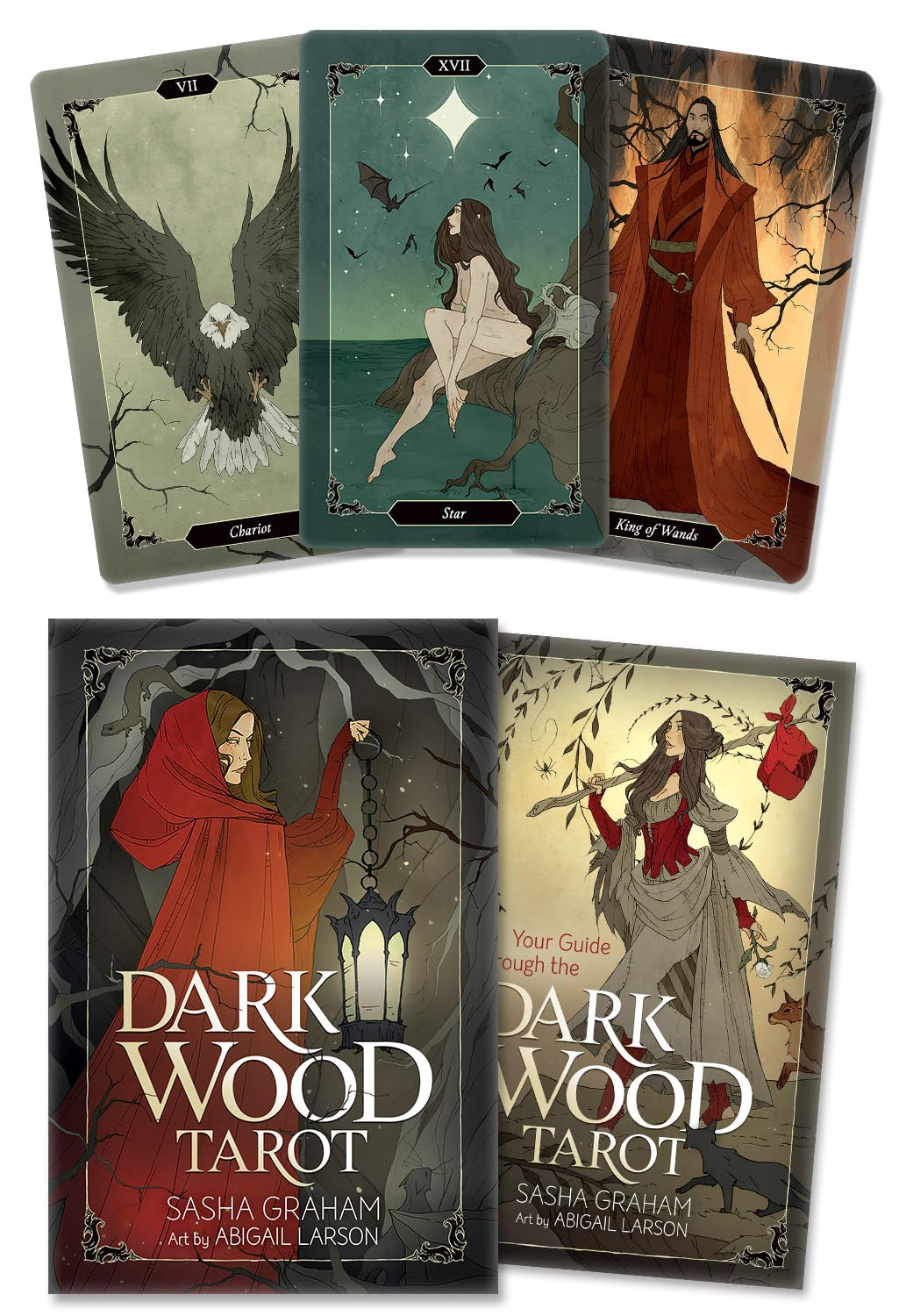 The image features three tarot cards from the Dark Wood Tarot deck: Chariot (showing an owl in flight), Star (depicting a woman by water with bats), and King of Wands (a man in red robes). Below the cards are the deck's box and a full-color companion book, all offering insights into your shadow self. This is a product by Llewellyn Worldwide.