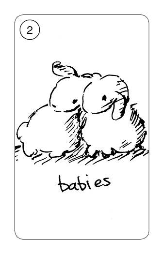 A simple black-and-white illustration shows two baby sheep snuggling closely together, reminiscent of a tender Nose Bonk. The word "babies" is handwritten below them. The number "2" is in a circle at the top left corner of the image, just like on "Carrot Cards: Old-Time Rabbit Wisdom" by Red Feather.