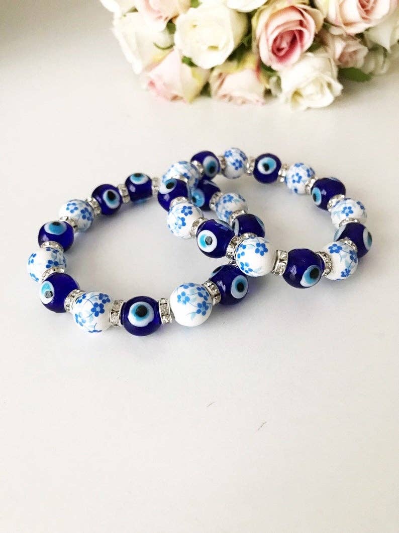 Glass Evil Eye Bracelet, Ceramic Bead Bracelet, Stretchable Bracelet