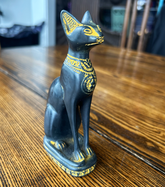 Bastet Cats Statues - Black with Antique Gold Accents Small 5.5"