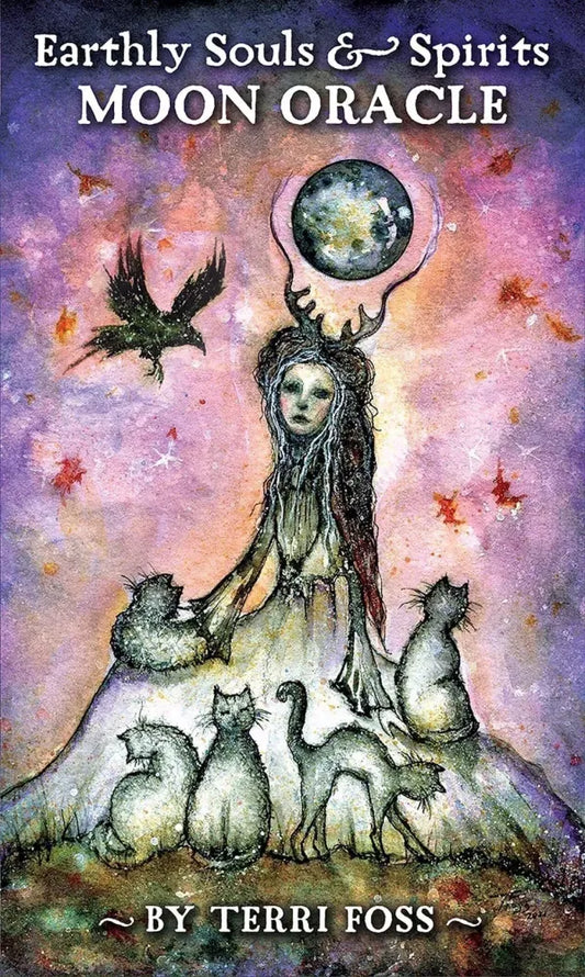 A mystical illustration for the product "Earthly Souls & Spirits Moon Oracle" by U.S. Games Systems. It depicts a woman with antlers holding a glowing moon, surrounded by cats, a rabbit, and a black bird in flight, set against a celestial background in purple and pink hues, emanating spiritual energy.