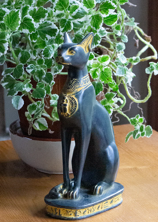 Bastet Cats Statues - Black with Antique Gold Accents  Medium 8"