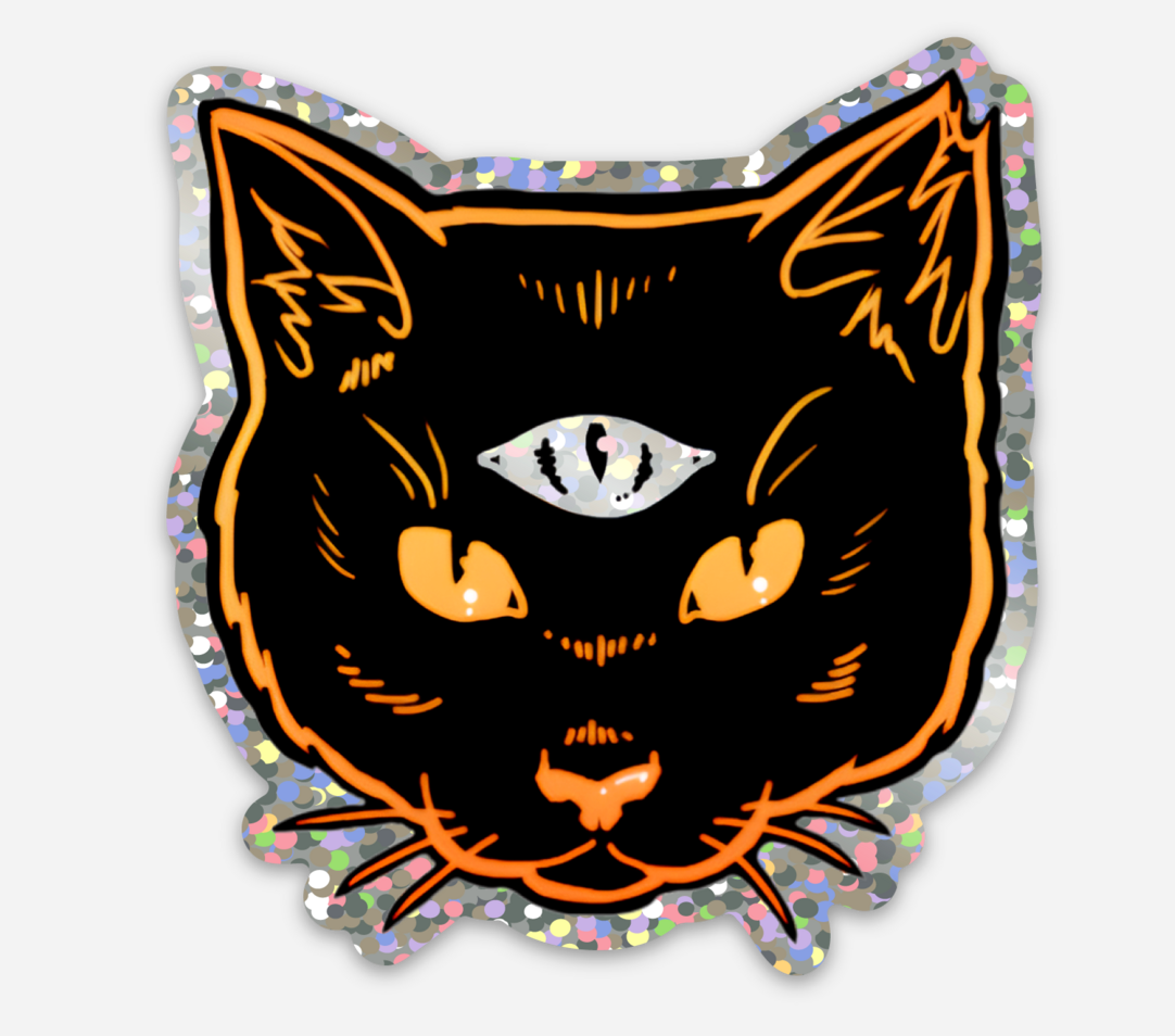 3rd Eye Cat Sticker featuring a mystical black cat with an orange outline and a silver third eye symbol. Keywords: 3rd Eye Cat Sticker, mystical cat sticker, third eye cat, black cat sticker, magical cat design, vinyl sticker.