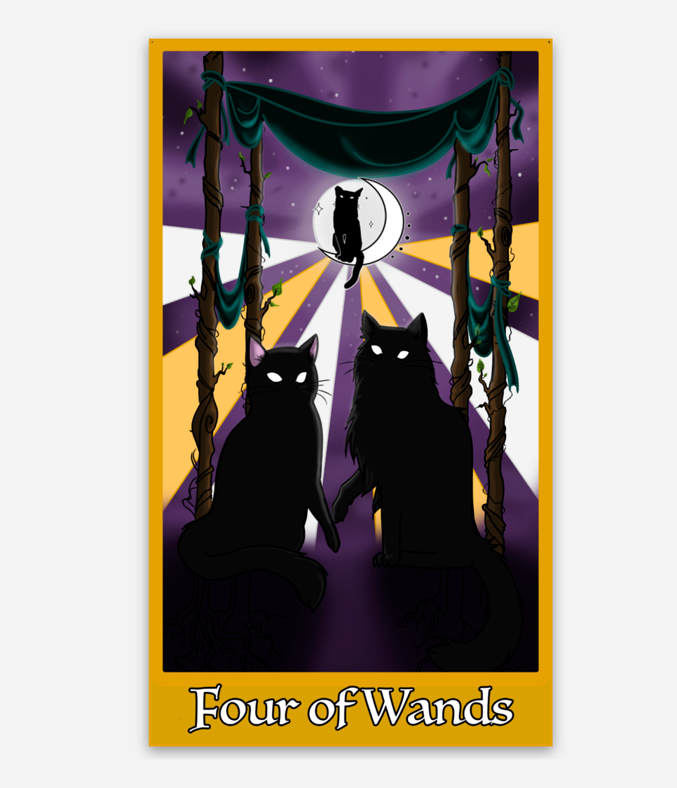 4 of Wands Magnet showcasing a vibrant and mystical design inspired by the 4 of Wands. Pictured: 4 wands with a green canopy, two black cats with hollowed white eyes and one paw touching, a purple background, a third black cat sitting on a crescent moon surrounded by stars. Keywords: 4 of Wands Magnet, mystical magnet, tarot card magnet, magical design magnet, Black Cat Magic merchandise, fridge magnet.