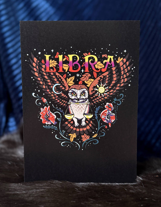 "Libra" Zodiac Owl Design , 5" x 7" Greeting Card