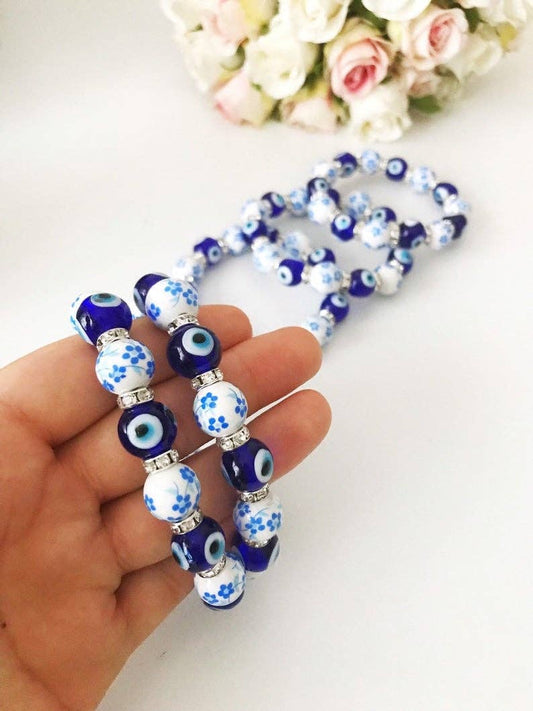 Glass Evil Eye Bracelet, Ceramic Bead Bracelet, Stretchable Bracelet