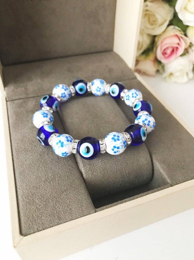 Glass Evil Eye Bracelet, Ceramic Bead Bracelet, Stretchable Bracelet