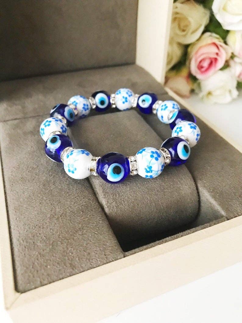 Glass Evil Eye Bracelet, Ceramic Bead Bracelet, Stretchable Bracelet