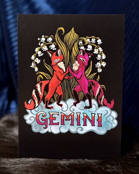 "Gemini" Zodiac Fox Design , 5" x 7" Greeting Card