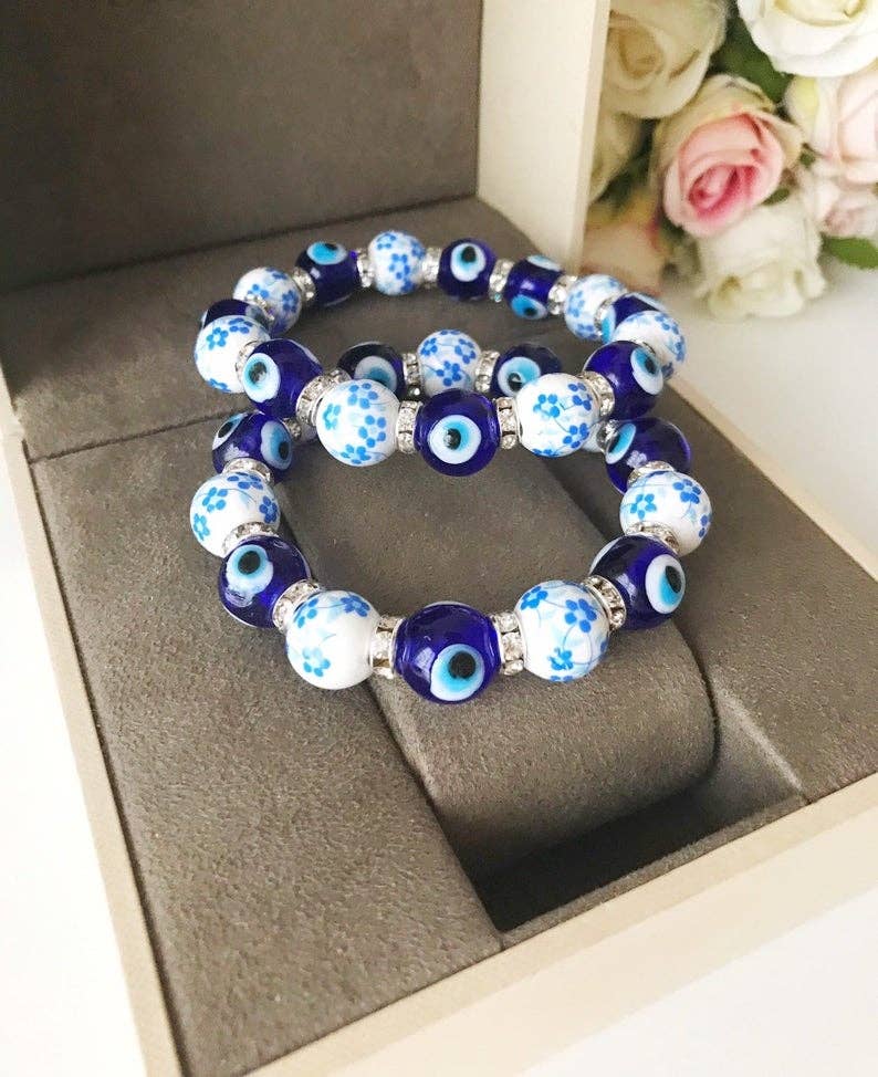 Glass Evil Eye Bracelet, Ceramic Bead Bracelet, Stretchable Bracelet