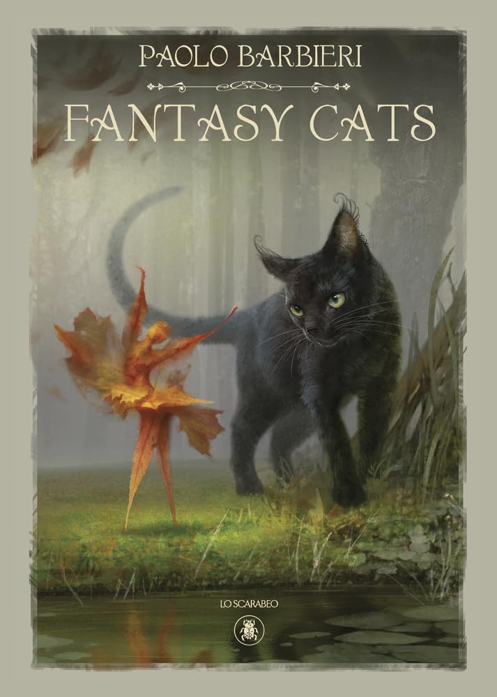 Cover of "Barbieri Fantasy Cats Book" by Paolo Barbieri from Llewellyn Worldwide. It depicts a large black cat with green eyes standing in a misty woodland setting. An orange fairy, posed like a ballet dancer, adds to the ethereal fantasy. The background features a body of water and trees enveloped in mist.