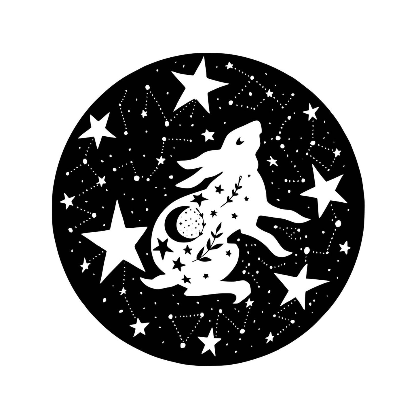 A black and white illustration depicts a rabbit hare adorned with celestial symbols, including stars, a moon, and constellations. The hare is set against a circular, star-studded background with more constellations and larger stars scattered throughout. Perfect as the Daring Hare Greeting Card - Cosmic Hare (5x5).